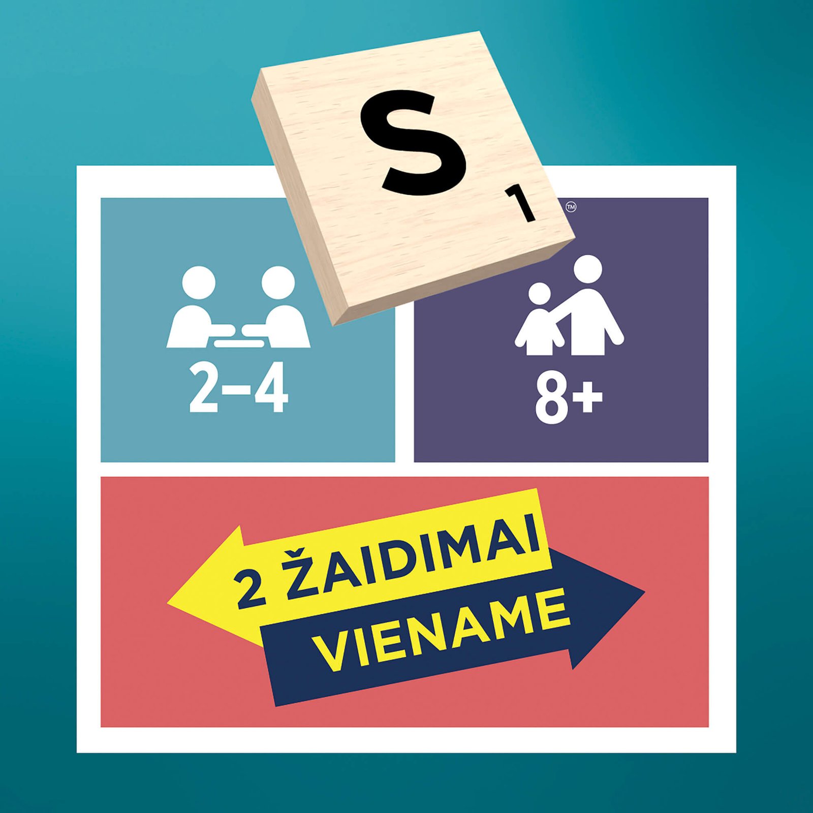 Medinė plytelė S ir žymėjimai: 2–4 žaidėjai, nuo 8 metų, 2 žaidimai viename