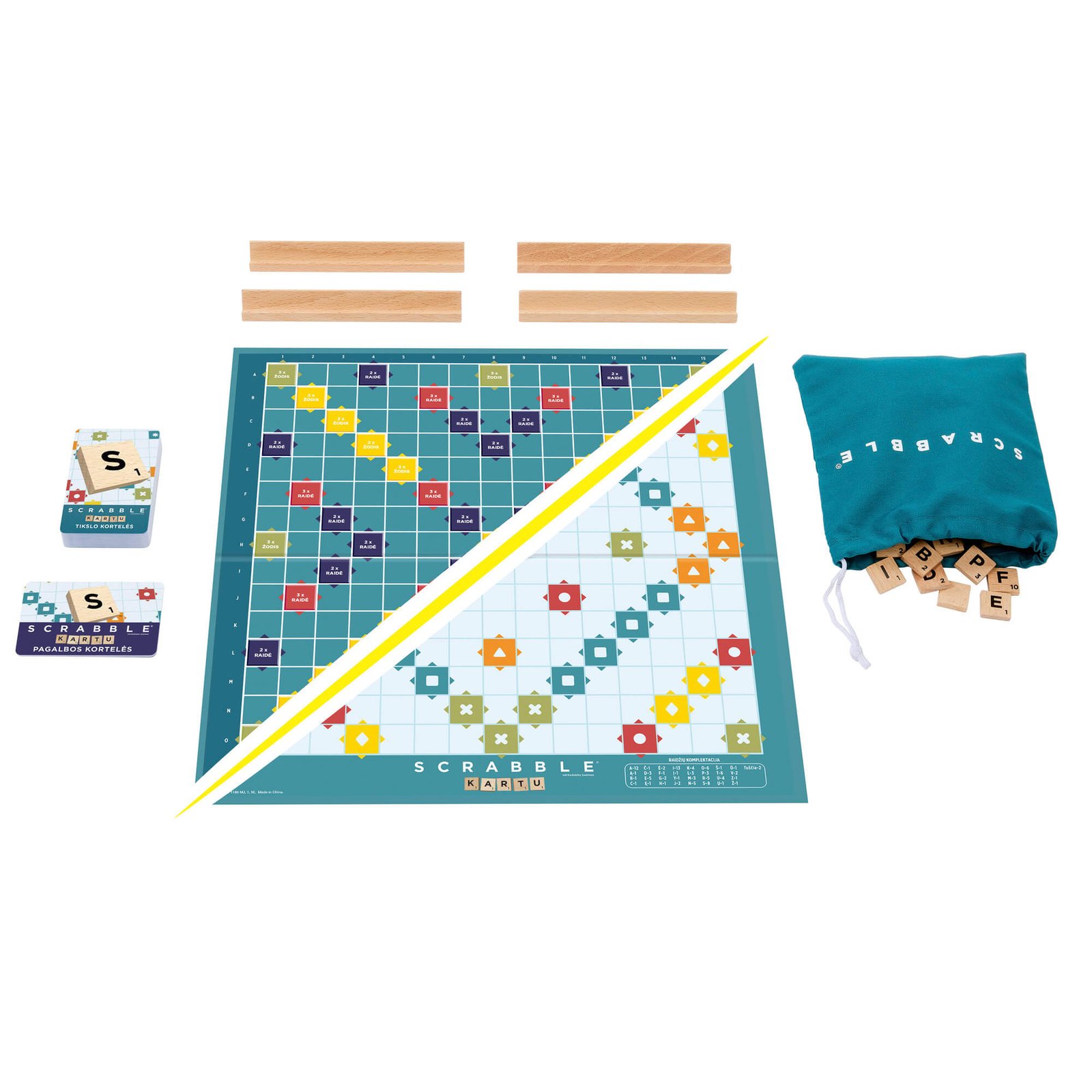 Dvipusė lenta – klasikinė ir „Scrabble kartu“ pusės, laikikliai ir plytelių maišelis