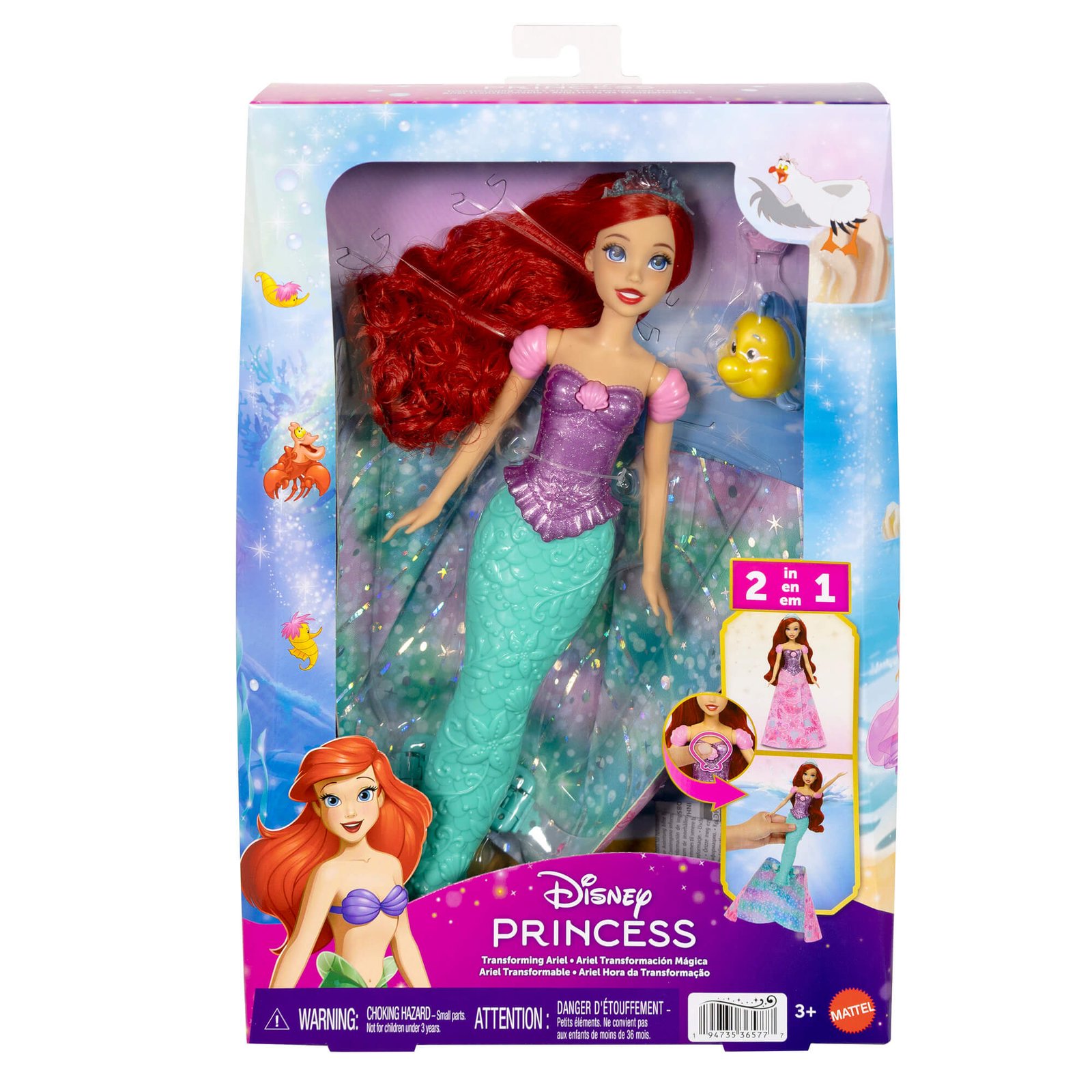 Transformuojama Arielės lėlė Disney Princess pakuotėje su žuvyte