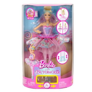 Barbie Klara su besikeičiančiu sijonu „Barbie in the Nutcracker“ pakuotėje – balerina rožiniu tutu