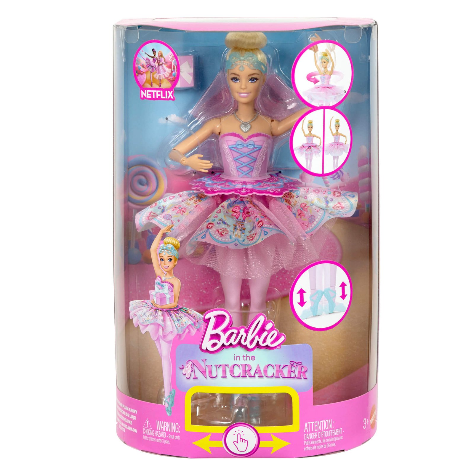 Barbie Klara su besikeičiančiu sijonu „Barbie in the Nutcracker“ pakuotėje – balerina rožiniu tutu
