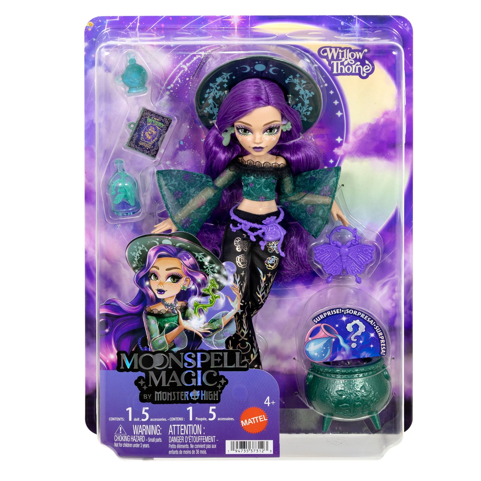 Willow Thorne lėlė Moonspell Magic by Monster High pakuotėje