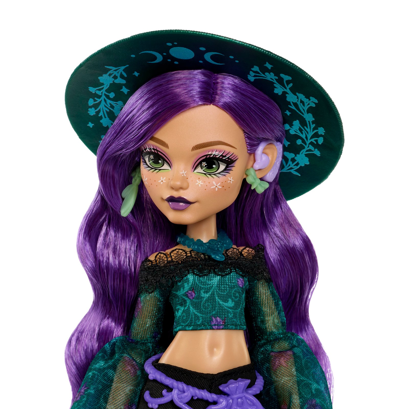 Willow veidas, violetiniai plaukai ir skrybėlė su vijoklių ornamentais