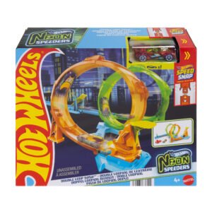 Hot Wheels Neon Speeders trasa „Double Loop Dash“ pakuotėje – oranžinė ir žalia kilpos