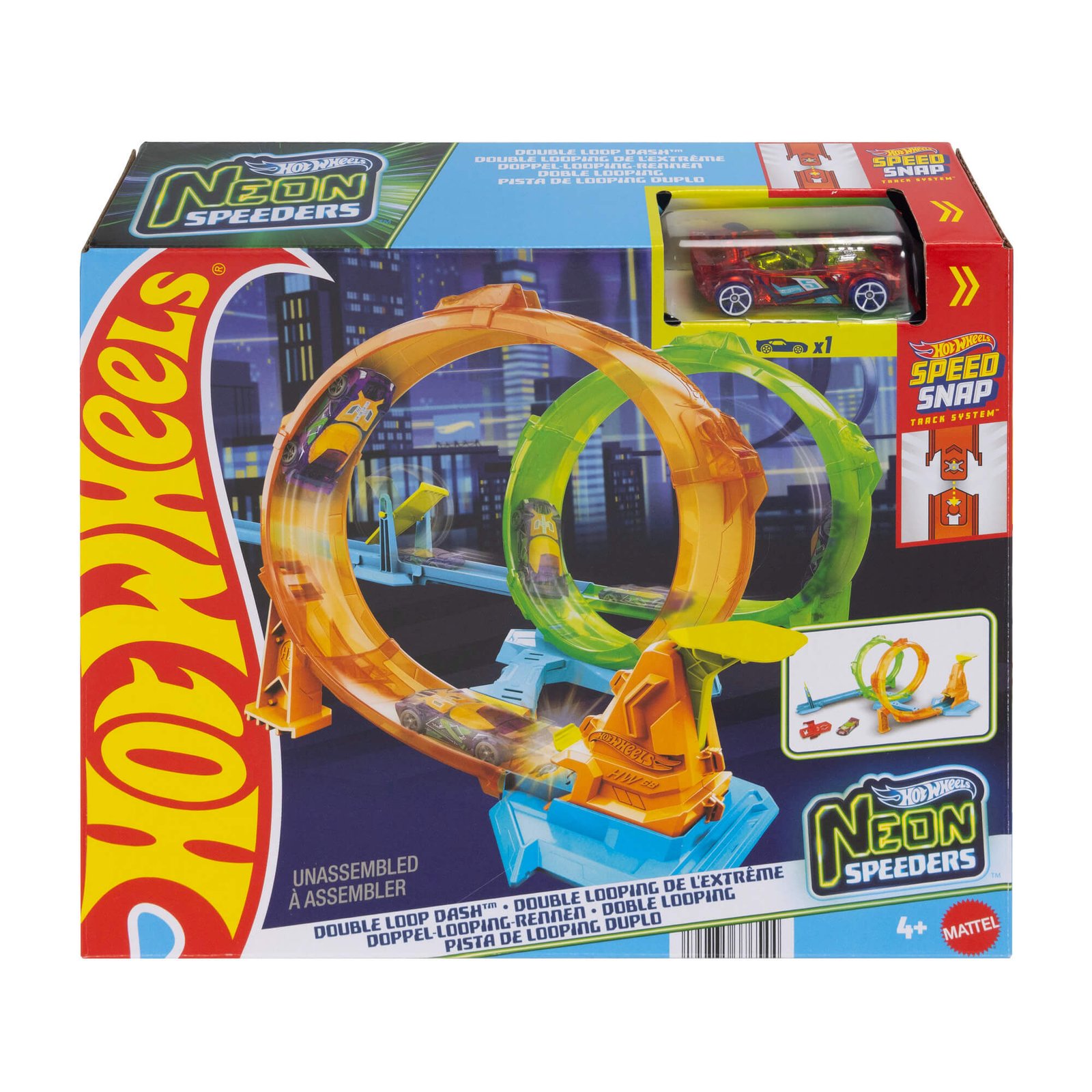 Hot Wheels Neon Speeders trasa „Double Loop Dash“ pakuotėje – oranžinė ir žalia kilpos