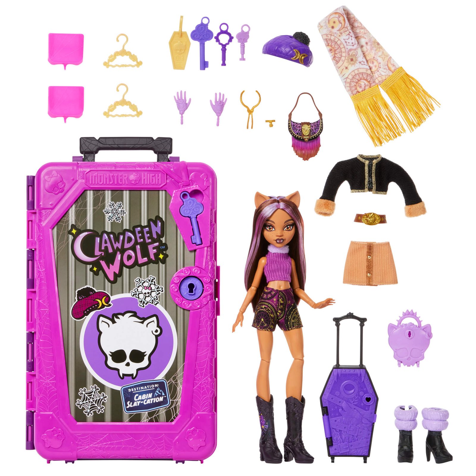 Clawdeen Wolf rinkinio turinys: drabužiai, raktai, pakabos ir lagaminėlis