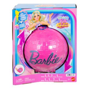 Barbie Roll & Reveal pop žvaigždė – pakuotė su rožiniu disko kamuolio formos dėklu