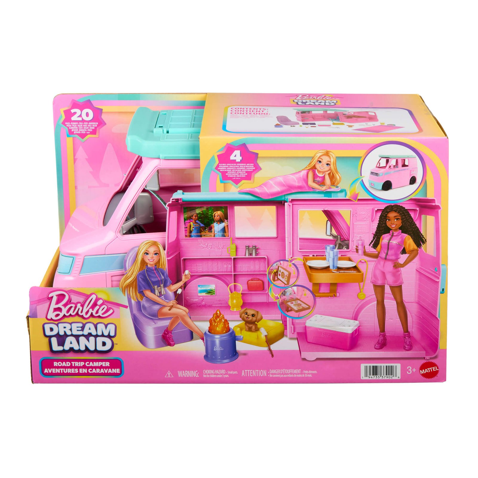 Barbie kemperis „Road Trip“ iš „Dream Land“ serijos pakuotėje – 20 dalių ir 4 žaidimo zonos
