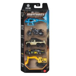 Matchbox The Movie mašinėlių rinkinys su sraigtasparniu, motociklu ir ekskavatoriumi pakuotėje