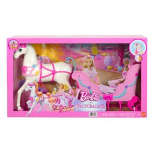 Barbie Spragtukas žirgas su rogėmis – rožinė „Barbie in the Nutcracker“ pakuotė su baltu žirgu ir rogėmis