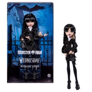 Monster High Skullector Wednesday lėlė prie mėlynos dėžutės su varnu