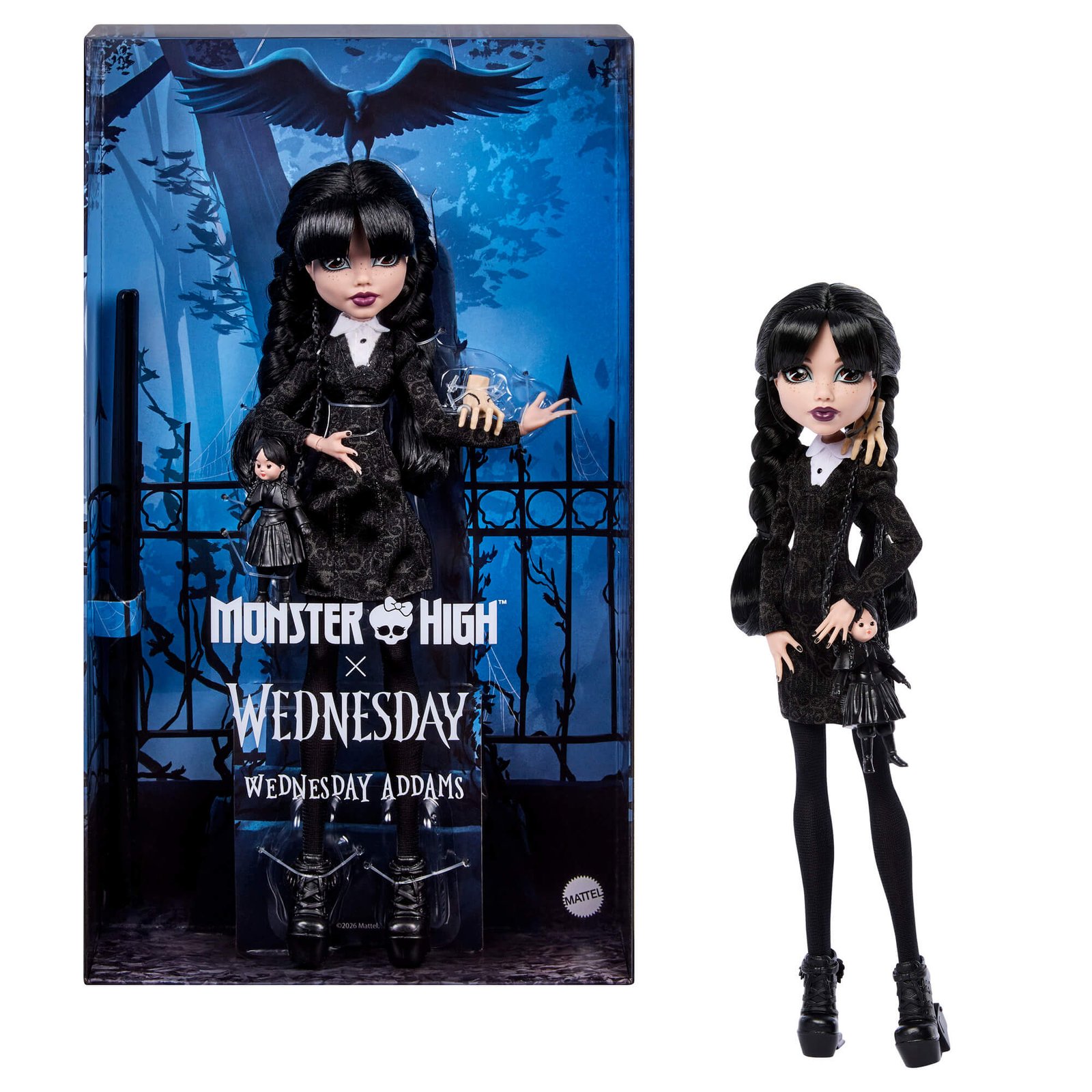Monster High Skullector Wednesday lėlė prie mėlynos dėžutės su varnu