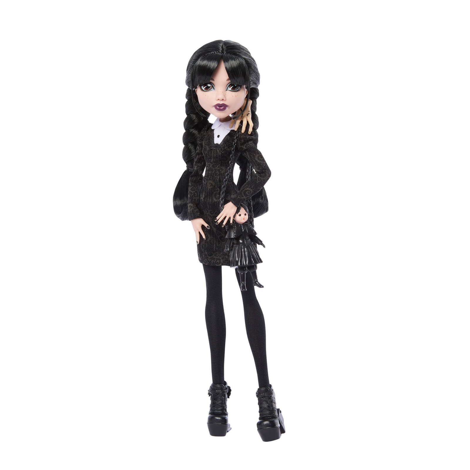 Wednesday Addams lėlė juoda suknele su balta apykakle ir Thing ant peties