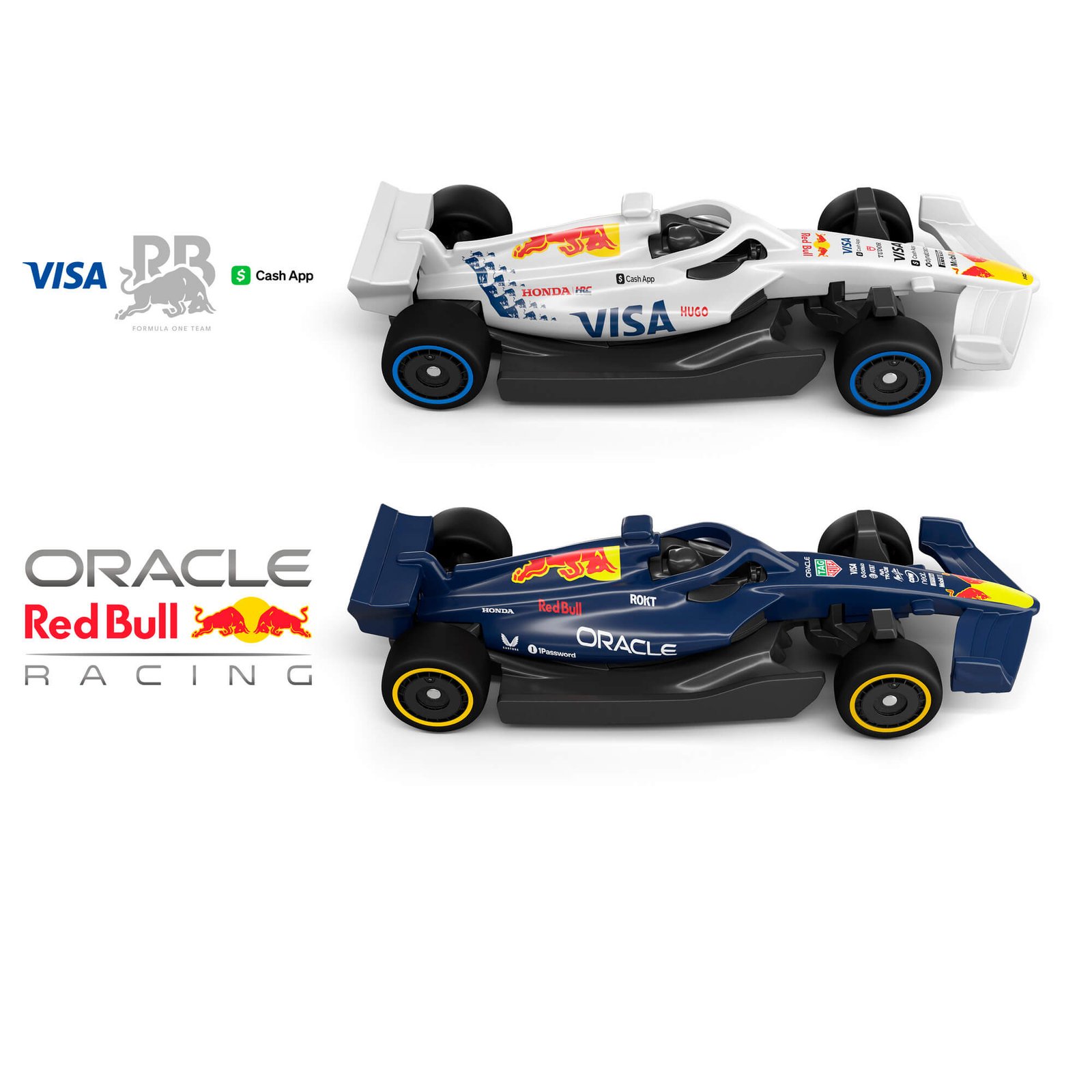 Baltas Visa Cash App Racing Bulls ir tamsiai mėlynas Oracle Red Bull Racing bolidai su komandų logotipais
