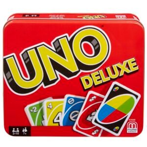 UNO Deluxe kortos raudonoje metalinėje dėžutėje su žymėjimu 2–10 žaidėjų ir 7+