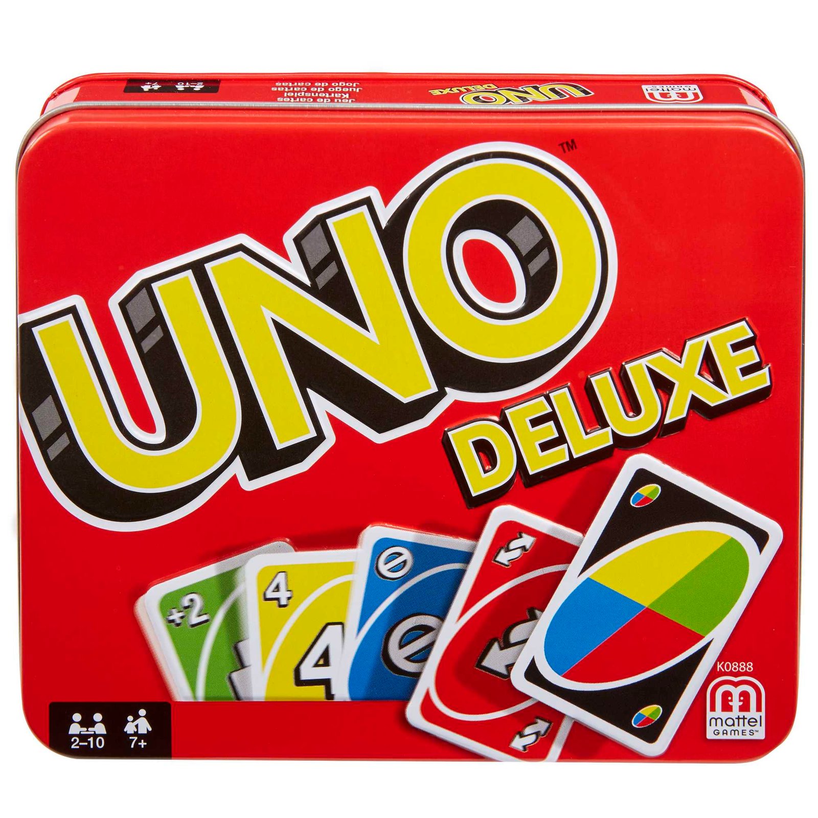 UNO Deluxe kortos raudonoje metalinėje dėžutėje su žymėjimu 2–10 žaidėjų ir 7+