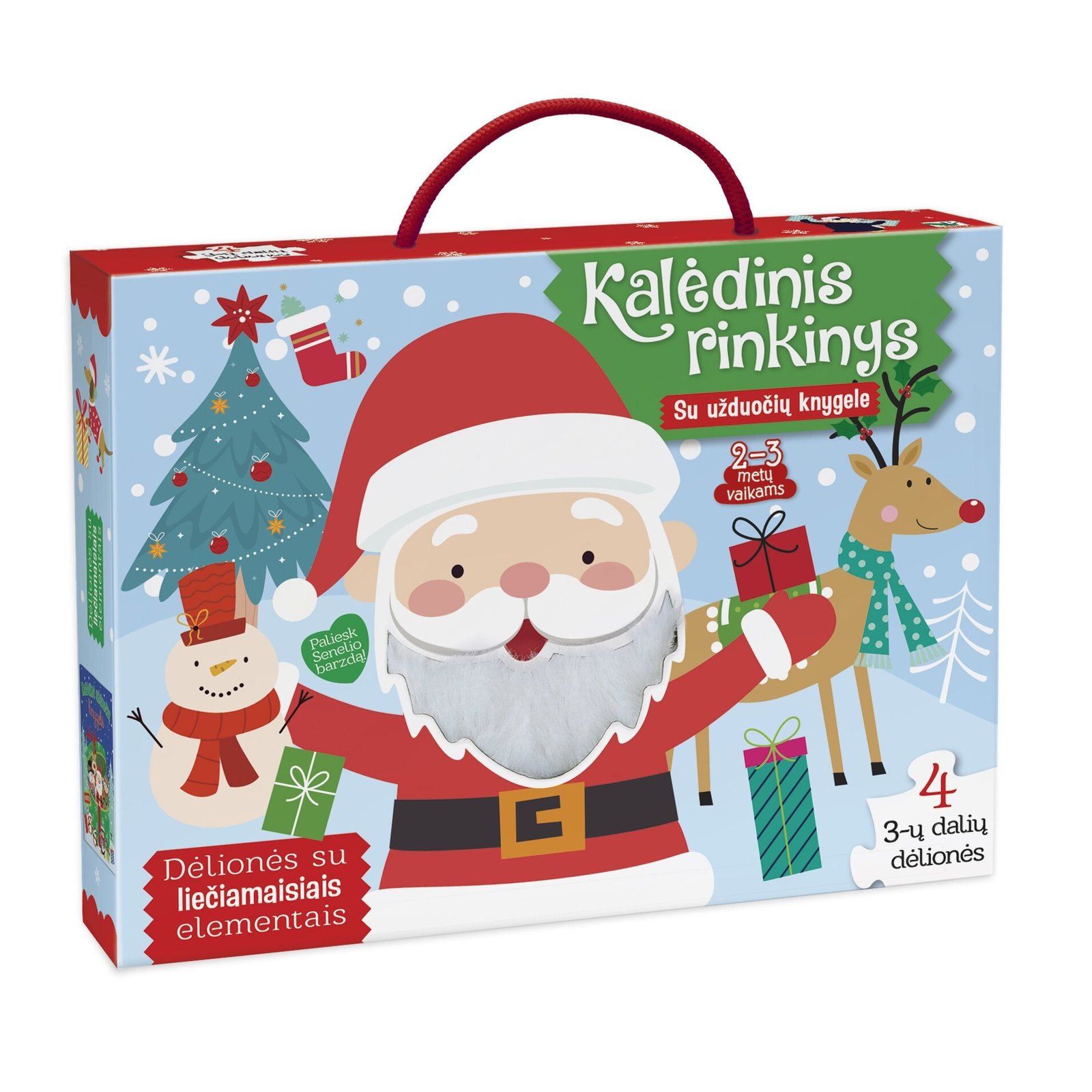 Kalėdinės dėlionės mažyliams – „Kalėdinis rinkinys“ dėžutėje su rankena, Kalėdų Seneliu ir užrašu „2–3 metų vaikams“