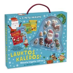 „Lauktos Kalėdos!“ – kalėdinės užduotys 4–5 metų vaikams žydroje dėžutėje su rankenėle ir iškiliais lipdukais varpelio formos langelyje
