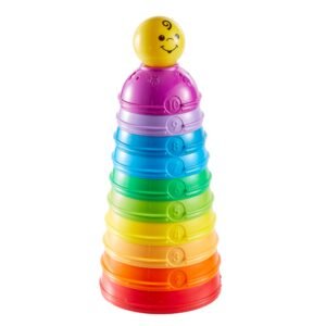 Puodelių bokštelis su kamuoliuku Fisher-Price – dešimt spalvotų puodelių ir šypsenėlė viršuje