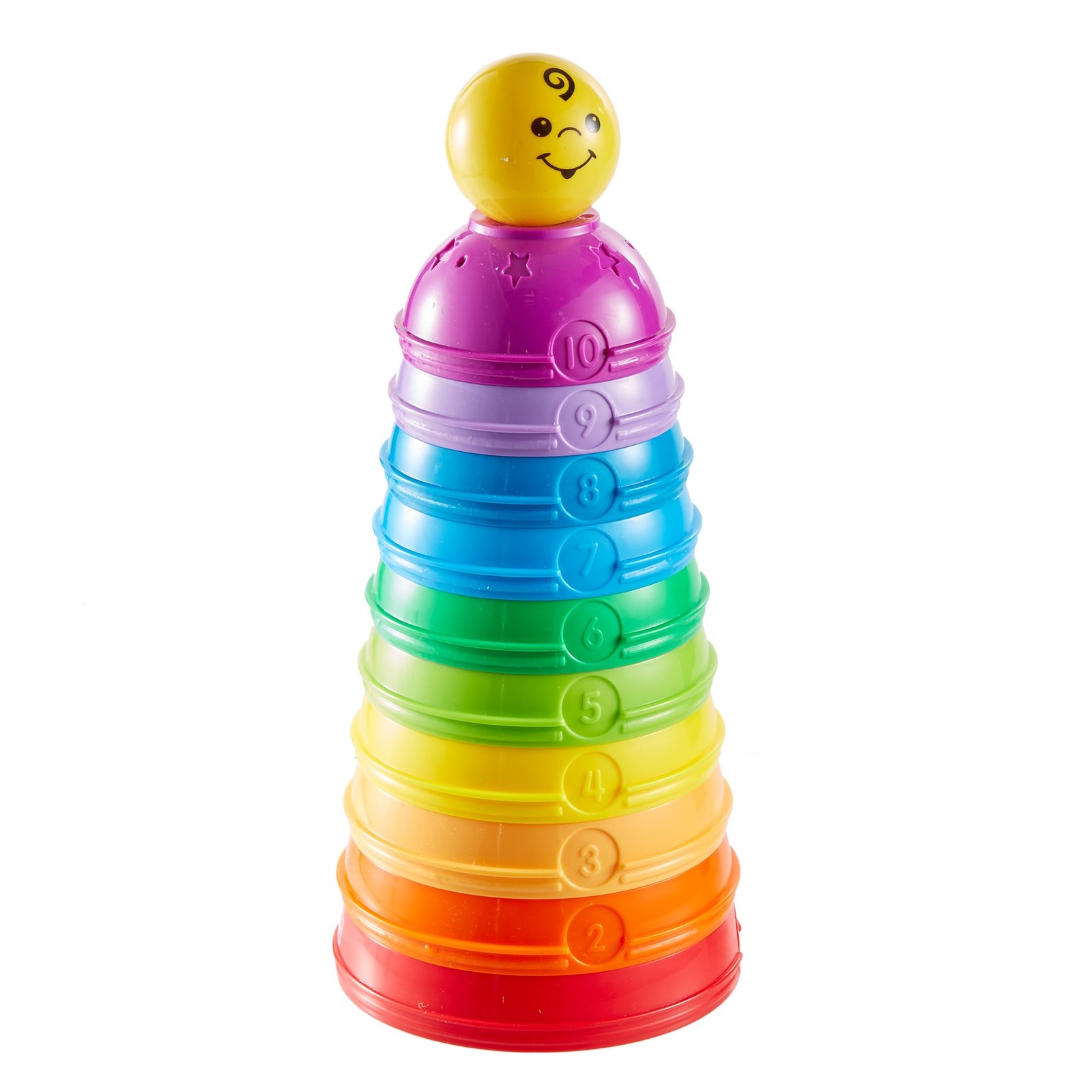 Puodelių bokštelis su kamuoliuku Fisher-Price – dešimt spalvotų puodelių ir šypsenėlė viršuje